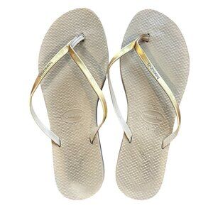 HAVAIANAS Metallic Gold and tan Flip FLops Thongs Flats Size 9/10W